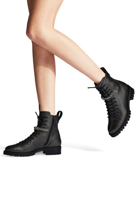 Cruz Grained Leather Combat Boots with Crystal Detail